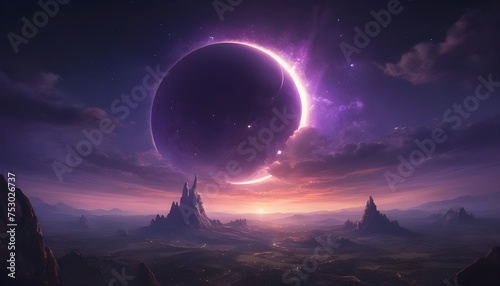 Purple, starry sky  gold eclipse,Fantasy Realism,Magical Environments,Epic Adventures,Intricate Details,Enchanting