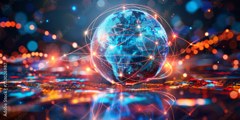 3D rendering of the Earth surrounded glowing data connections, representing global digital connectivity and cyber technology network 3D rendering of the Earth surrounded glowing data connections, representing global digital connectivity and cyber technology network