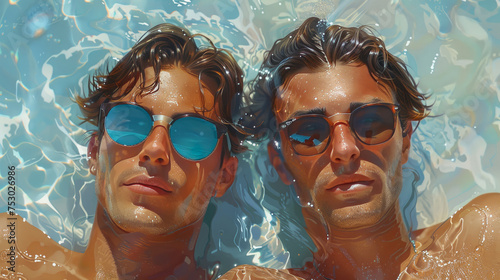 Portrait of a couple at the beach. A two handsome men laying in a water. Vacation background.