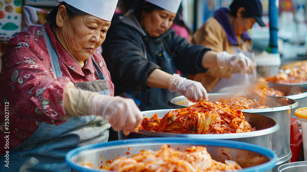 Korean people making kimchi.