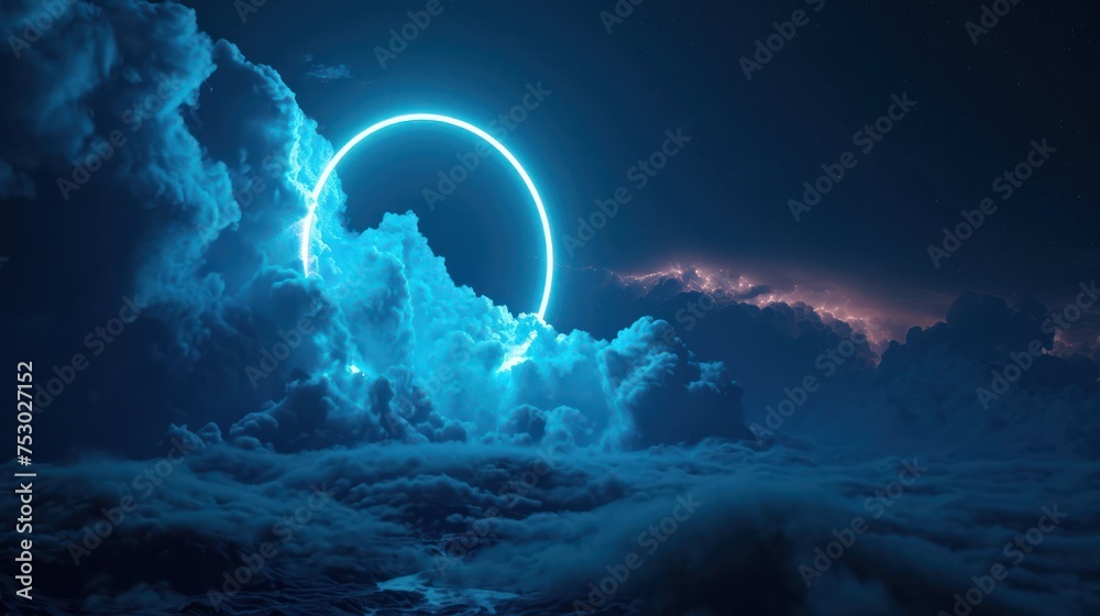 Abstract cloud illuminated with neon light ring on dark night sky. Glowing geometric shape, round frame Abstract cloud illuminated with neon light ring on dark night sky. Glowing geometric shape, round frame