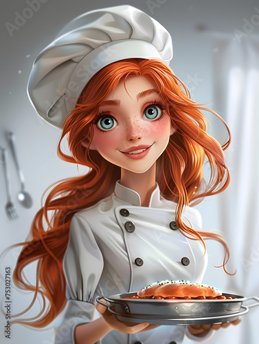 A girl with red hair is wearing a chefs hat and holding a tray of food, showcasing her culinary skills with various kitchen utensils and tableware