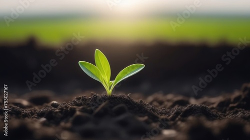 plant growing from soil, fragile young green sprout breaks through the ground on a dark outdoor background, sunset, copy space, soft focus. Seed germination. Earth environment concept.