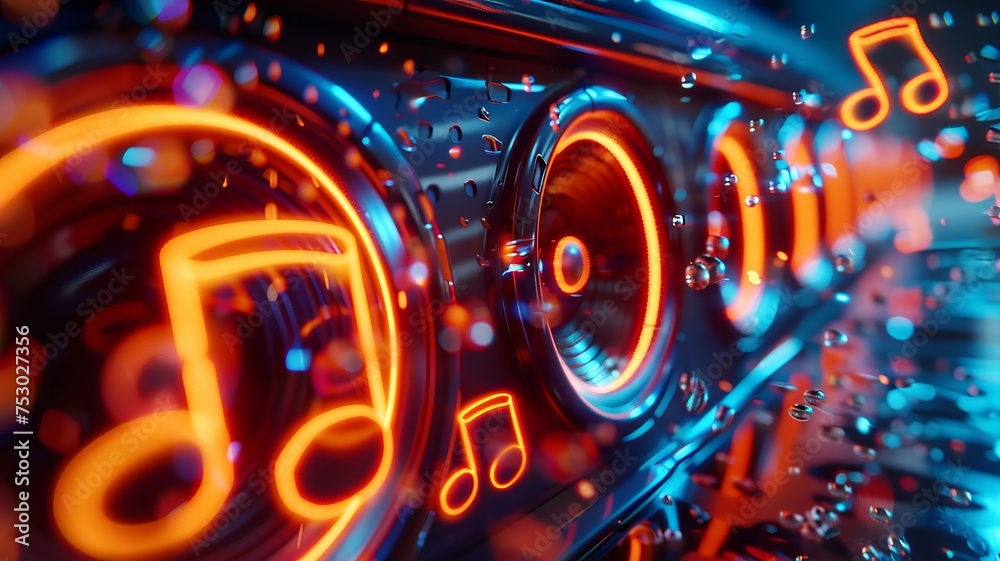 Music notes dance in bright neon around a car's speaker, hinting at lively sound