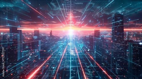Futuristic grid landscape with neon glows and a central hyperlight flare cutting across. Modern mega city with light reflection, urban tech background