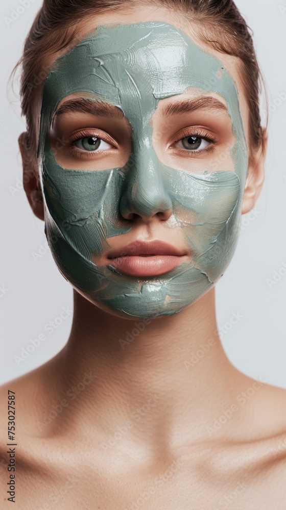 Close-up of a young beautiful woman with a green detox face mask, highlighting her serene gaze and the texture of the skincare product on her flawless skin. Close-up of a young beautiful woman with a green detox face mask, highlighting her serene gaze and the texture of the skincare product on her flawless skin.