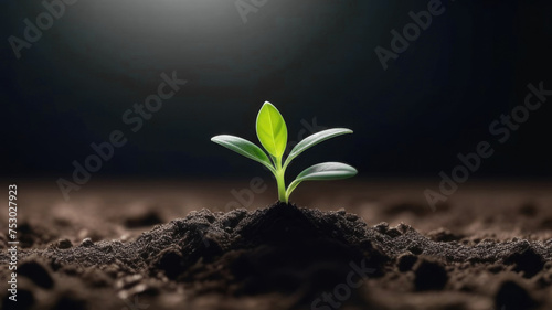 plant growing from soil, fragile young green sprout breaks through the ground on a dark outdoor background, sunset, copy space, soft focus. Seed germination. Earth environment concept.