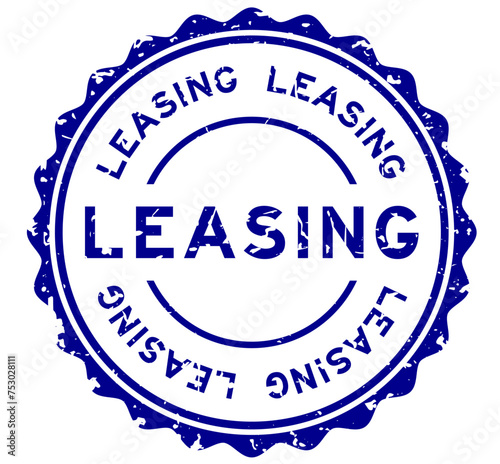 Grunge blue leasing word round rubber seal stamp on white background