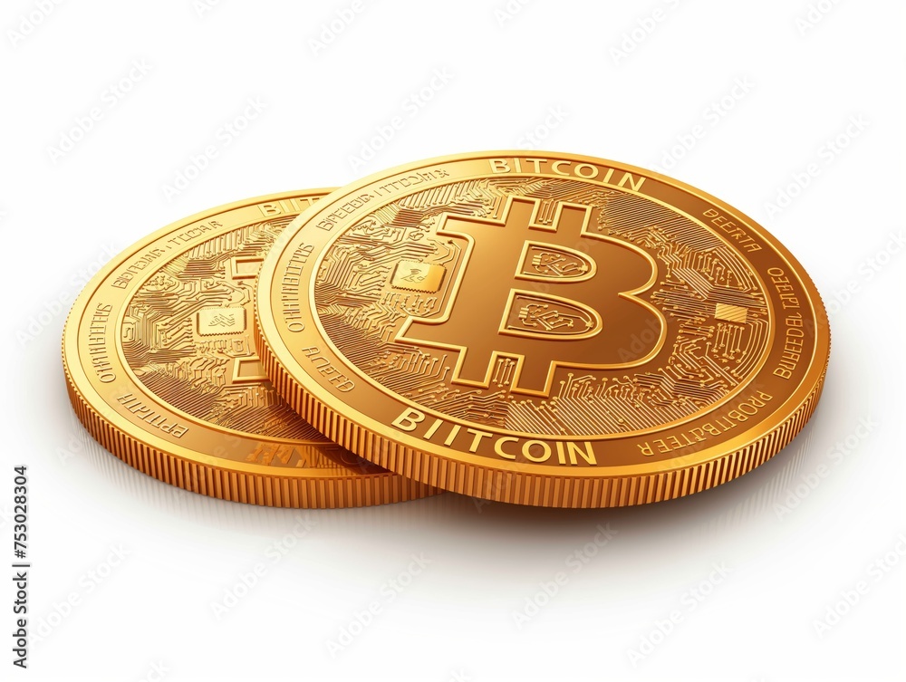 Stack of bitcoins on white surface, cryptocurrency investment and blockchain technology, isolated on white background Stack of bitcoins on white surface, cryptocurrency investment and blockchain technology, isolated on white background