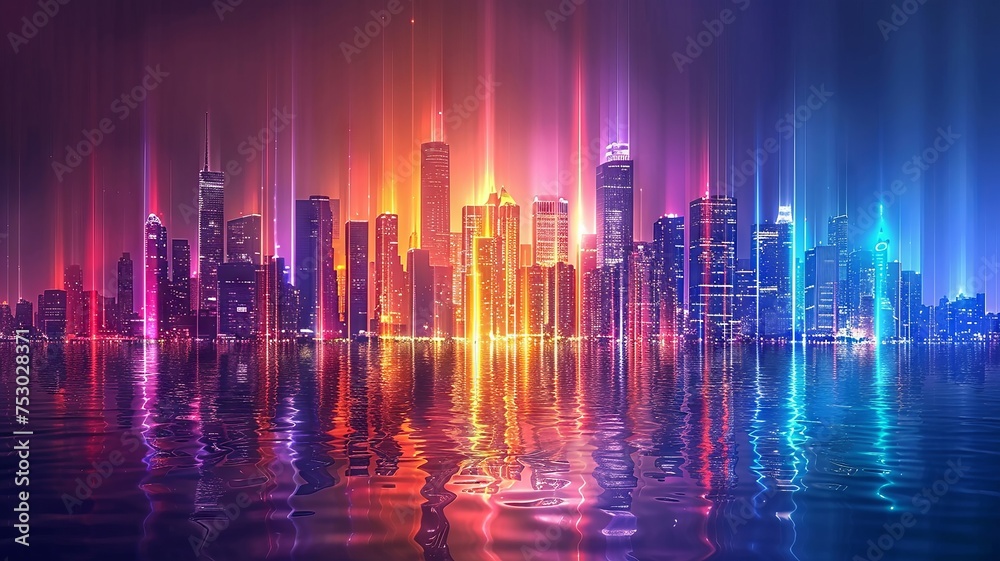 Neon skyline of an ultramodern city pulsating with vibrant energy beams