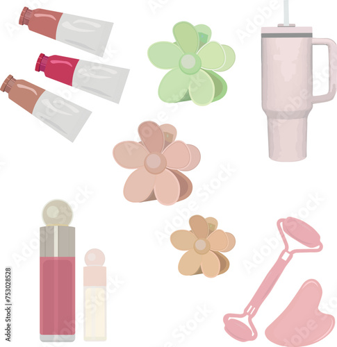 Girls' thingsVector images of girls' things that bring pleasure. Cream, water bottle, hairpins, lip gloss, face roller.