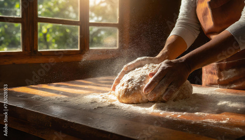 baker or chef preparing wheat flour dough for food bread