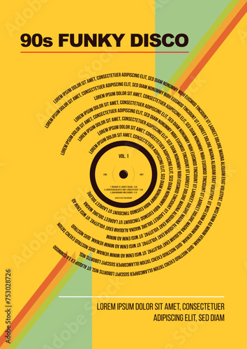 90s Funky Disco Party event flyer. Creative vintage poster. Vector retro style template. Vinyl plate text typography.