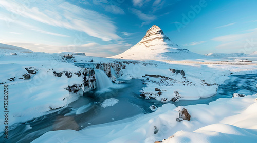 Beautiful landscape with snow background. generative ai