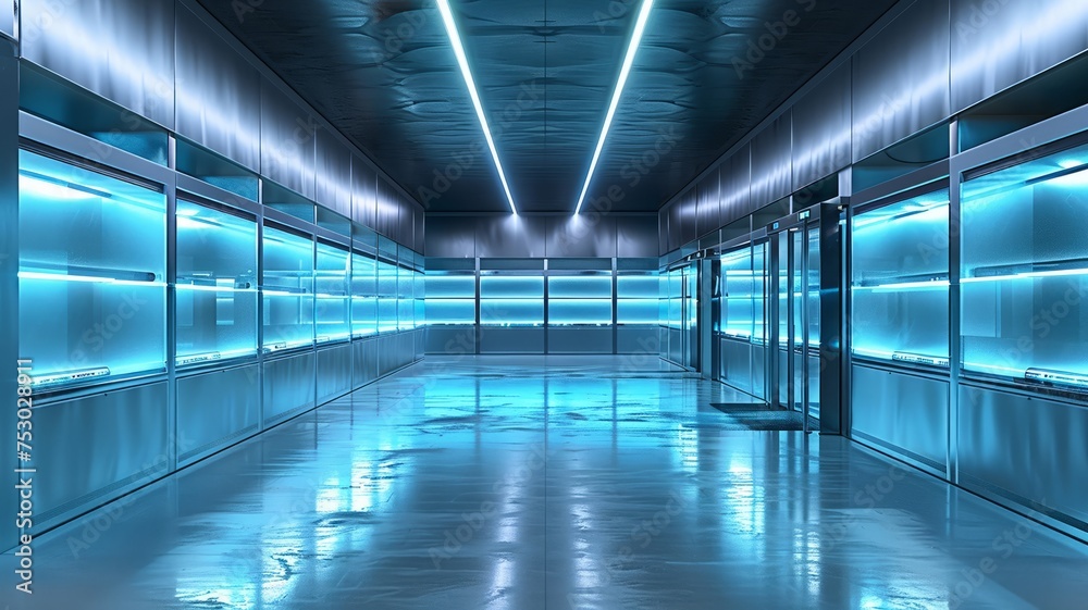 Fototapeta premium Gleaming commercial cooler with expansive shelving in a cool blue-toned room