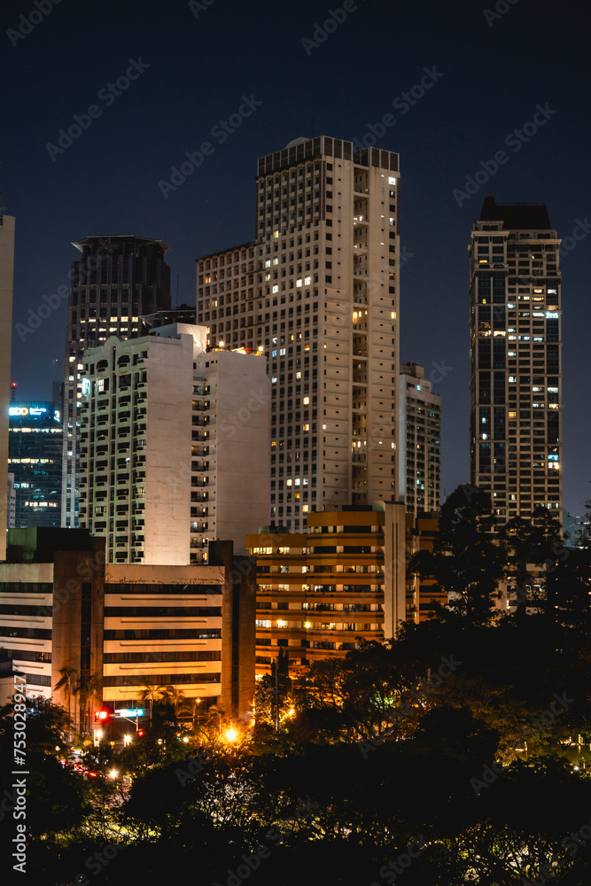 Makati, Philippines - Mar 02, 2024: Luxury condos looming over Washington Sycip Park. Makati, Philippines - Mar 02, 2024: Luxury condos looming over Washington Sycip Park.