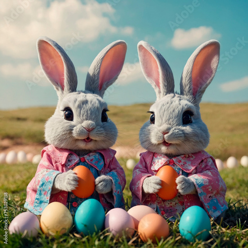 A couple of rabbits holding easter eggs