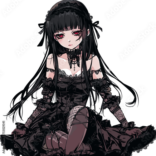 anime girl wearing sweet gothic style costume, vector graphic, white background