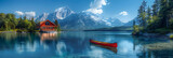 lake and mountains with trees,
Maligne Lake Boat House with canoe and blue sky.
