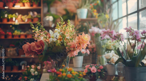 Close up floral decorations. Flower bouquets in flower shop. © Radala