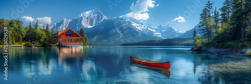 lake and mountains with trees, Maligne Lake Boat House with canoe and blue sky. © Rehman