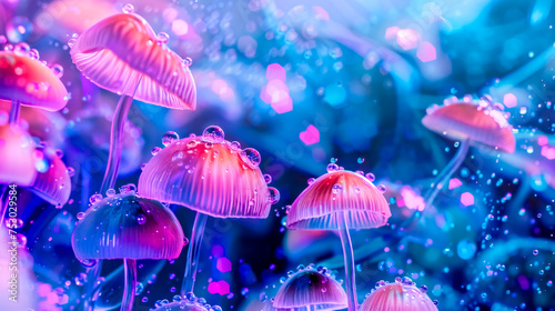 Digital art of vibrant glowing mushrooms with sparkling dewdrops