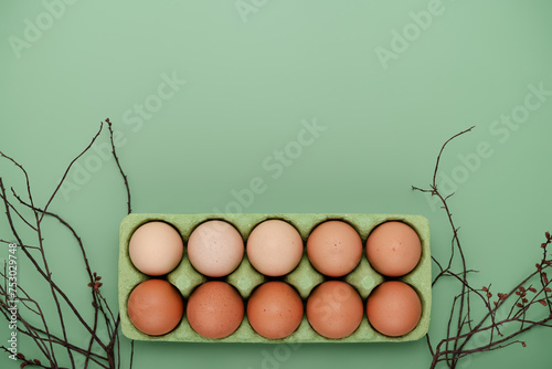 Green carton of eggs with spring tree branches. Easter background photo