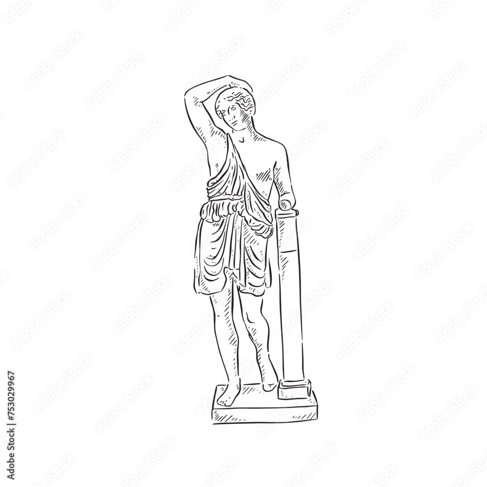 A line drawn illustration of a black and white statue on a plinth. Figure is leaning and inspired by Greek and Roman. Drawn in a sketchy style. 