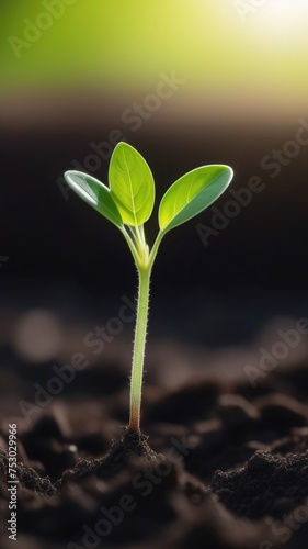 plant growing from soil, fragile green sprout breaks through the ground on a dark background, sunset, copy space, soft focus. vertical photo for stories. Seed germination. Earth environment concept.