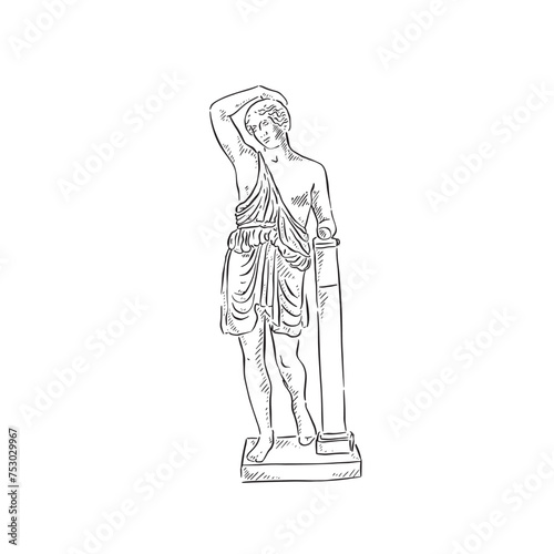 A line drawn illustration of a black and white statue on a plinth. Figure is leaning and inspired by Greek and Roman. Drawn in a sketchy style. 