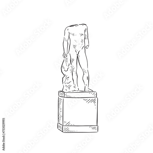 A line drawn illustration of a black and white ruin headless bust on a plinth. Drawn in a sketchy style. 
