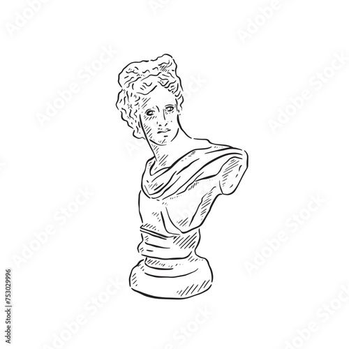 A line drawn illustration of a black and white female bust. Drawn in a sketchy style. 