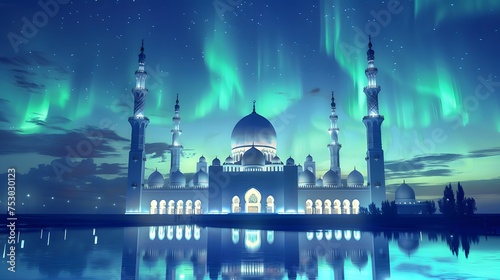 The colorful night sky mosque, A splendid white mosque with a night sky full of colors at the arctic region