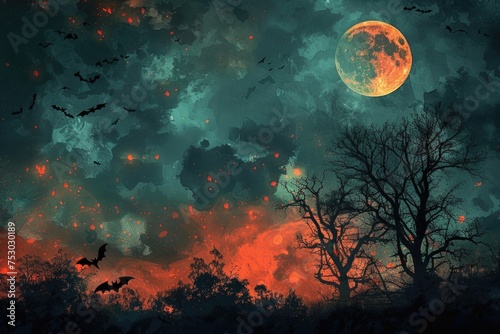 Dramatic Halloween sky with full moon, bats and trees silhouette background 
