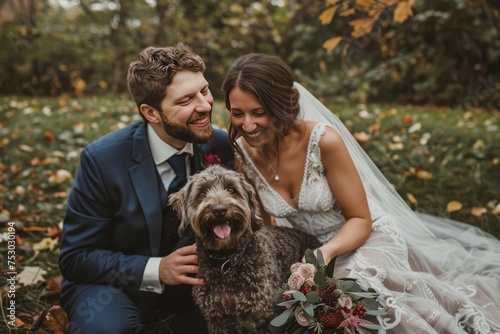 A playful photo of the bride and groom with their pet dog photo
