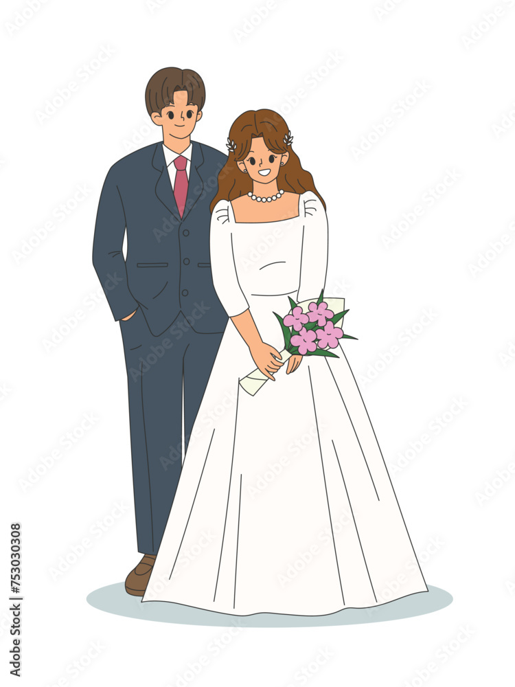 Married couple, happy man and woman characters in wedding dress standing together and holding romantic bouquet. Flat cartoon style vector illustration isolated on white background Married couple, happy man and woman characters in wedding dress standing together and holding romantic bouquet. Flat cartoon style vector illustration isolated on white background