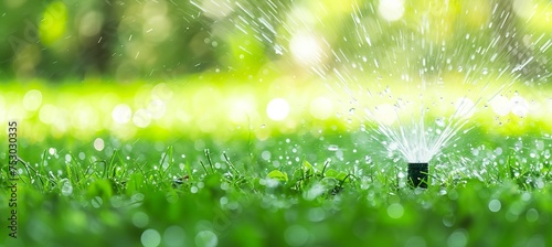 Efficient garden watering systems automatic sprinklers watering lush green lawn with copy space.