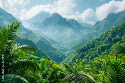 Lush mountainous rainforest with dense tropical foliage and a bright, misty sky.
