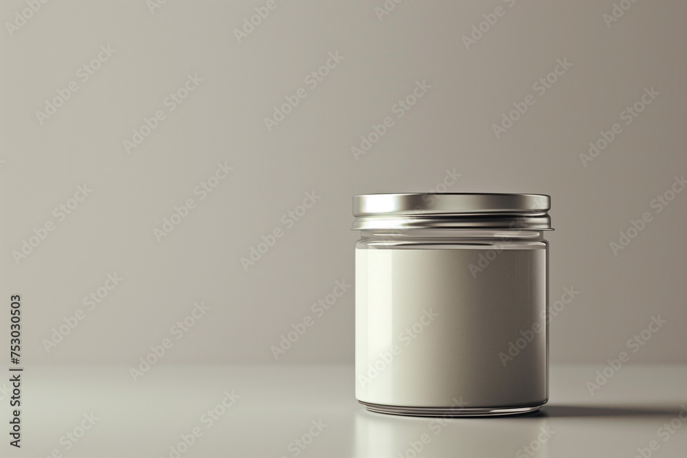 A minimalistic 3D mock-up of a blank jar with a silver lid on a neutral background, reflecting a modern, clean design aesthetic A minimalistic 3D mock-up of a blank jar with a silver lid on a neutral background, reflecting a modern, clean design aesthetic