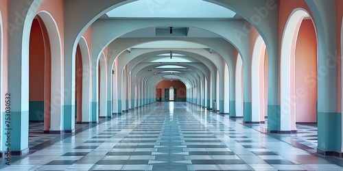 A long hallway with arched ceilings and a blue and pink wall