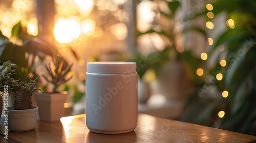 Sleek white drink container perched on a table with warm ambient daylight