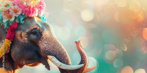 Decorated elephant with garland in Songkran festival at Thailand photo