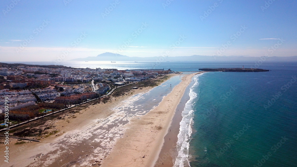 aerial view along the beach and over Tarifa, the Strait of Gibraltar and the mountains of Morocco and the horizon, Costa de la Luz, Andalusia, Spain