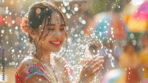Beautiful girl and water splash in Songkran festival at Thailand photo
