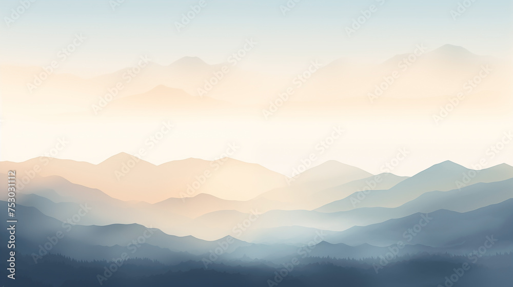Watercolor landscape depicting serene sunrise over misty mountain layers