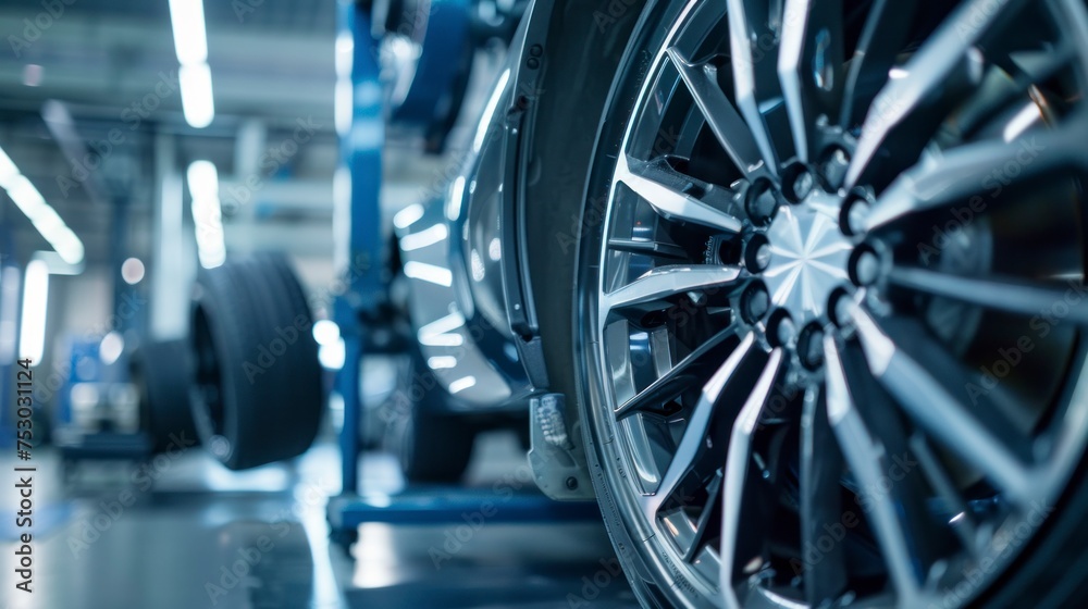 Fototapeta premium The suspension joint on the car was secured with a durable rubber boot, protecting the wheels from dust and debris.