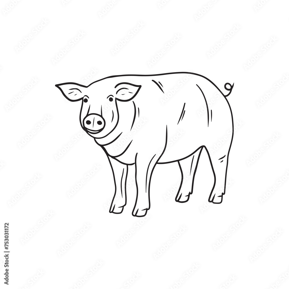 Fototapeta premium Realistic pig standing in black isolated on white background. Hand drawn vector sketch doodle illustration in engraved vintage line art style. Concept of domestic farm animals, pork, meat, food.