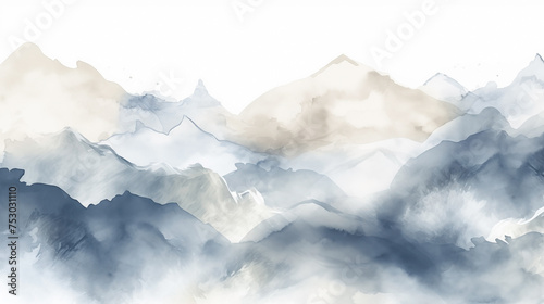 Watercolor landscape background with soft blue hues and a misty mountain range