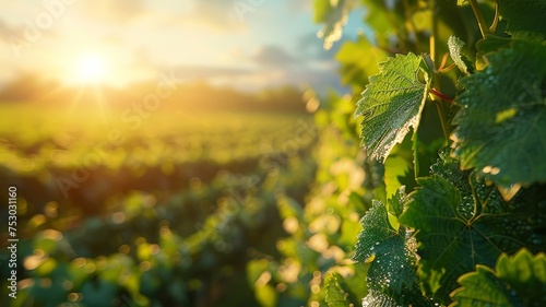 Lush vineyard leaves with advanced digital hologram analysis in sunlit field photo