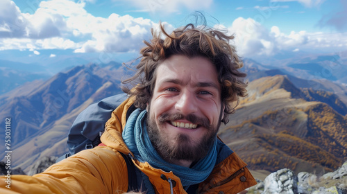 Man taking a selfie with mountainous background.